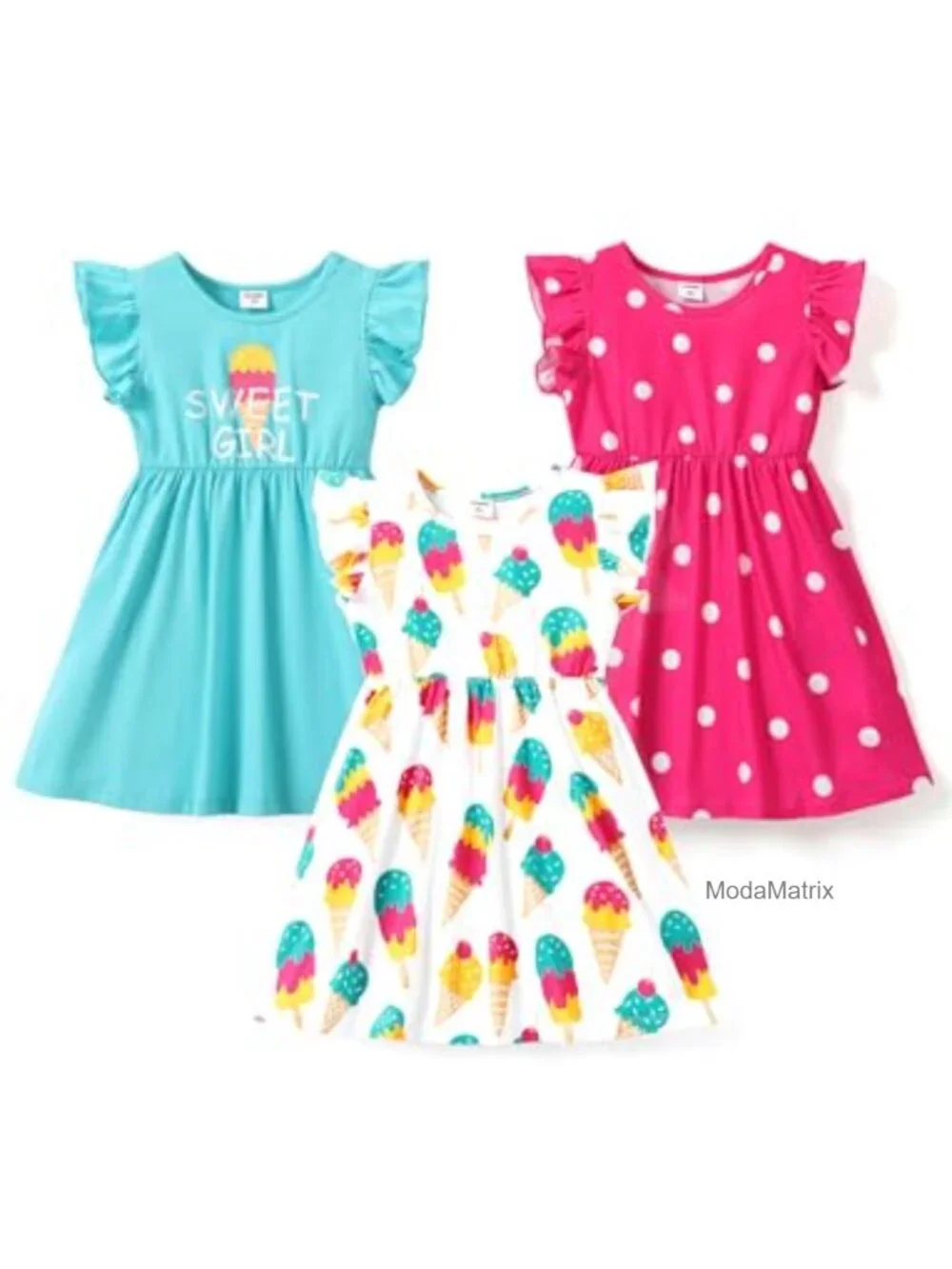 Girls Ruffle Sleeve Twirl Dress Set 2/3 Pack Cotton Blend Cute Summer Outfit